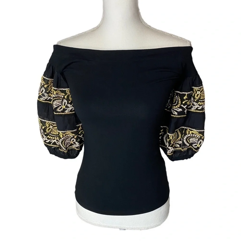 Free People Rock With‎ It Black Embroidered Off the Shoulder Top XS